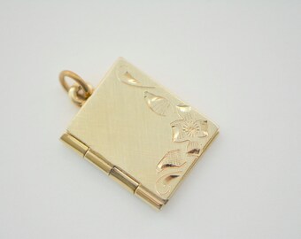 Vintage Book Locket, Engraved Floral Design, Gold Fill Photo Locket, 1940s