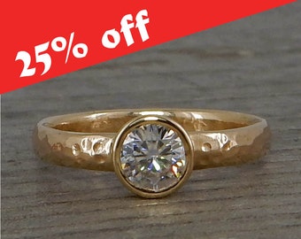 CLEARANCE - Forever One Moissanite Engagement Ring, Recycled Hammered 14k Yellow Gold Solitaire with 5mm Moissanite, Conflict-Free, size 6.5