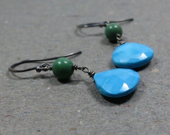 Blue Green Turquoise Earrings Oxidized Sterling Silver December Birthstone Earrings Gift for Girlfriend