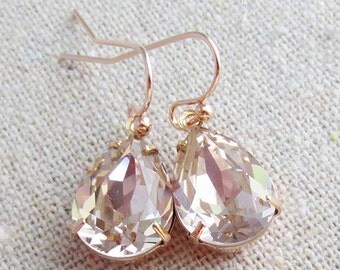 Swarovski Crystal Blush Pink Teardrop Simple Delicate Dangling Rose Gold Bridal Earrings Wedding Jewelry Bridesmaids Gifts