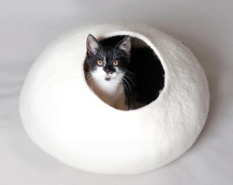 Cat Bed / Cave / House / Vessel - Hand Felted Wool - White Stone - Crisp Contemporary Design