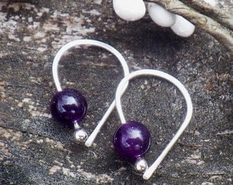 Amethyst sterling silver open hoop earrings