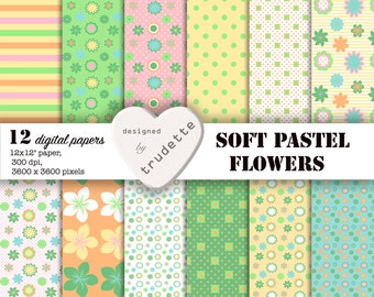Digital Paper, Soft Pastels, Floral Paper, Instant download, Commercial Use, Scrapbooking paper pack, card making, flowers, dots, stripes