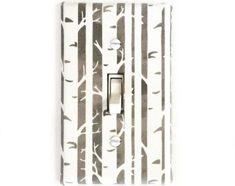 Fabric Light Switch Plate Cover, wall decor - Watercolor grey with birch trees