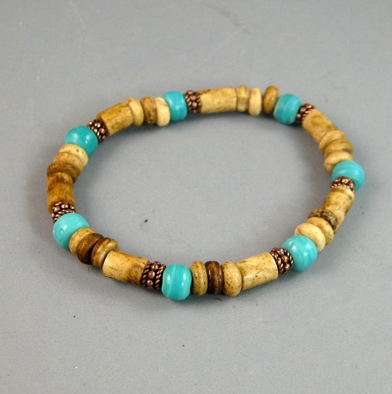 Bone bead stretch bracelet tea dyed bone beads mens rustic