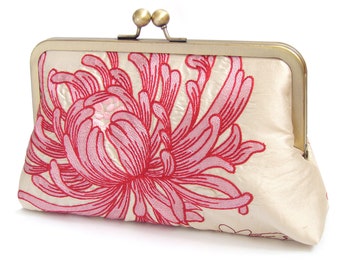 Clutch bag, pink and ivory silk purse, bridal clutch, wedding bag, bridesmaid gift, CORAL CHRYSANTHEMUM