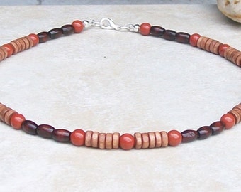 Mens beaded 20" necklace handmade, red jasper necklace, brown wood necklace, mens beaded necklace, necklace for men, mens bead necklace