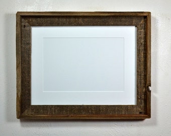 12x16 frame from reclaimed wood with beautiful patina and 8x12 white mat.