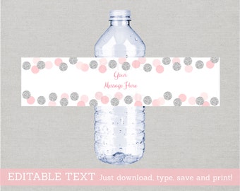 Glitter Water Bottle Labels / Glitter Baby Shower / Glitter Dots / Pink & Silver / Baby Girl / Printable INSTANT DOWNLOAD Editable PDF A123