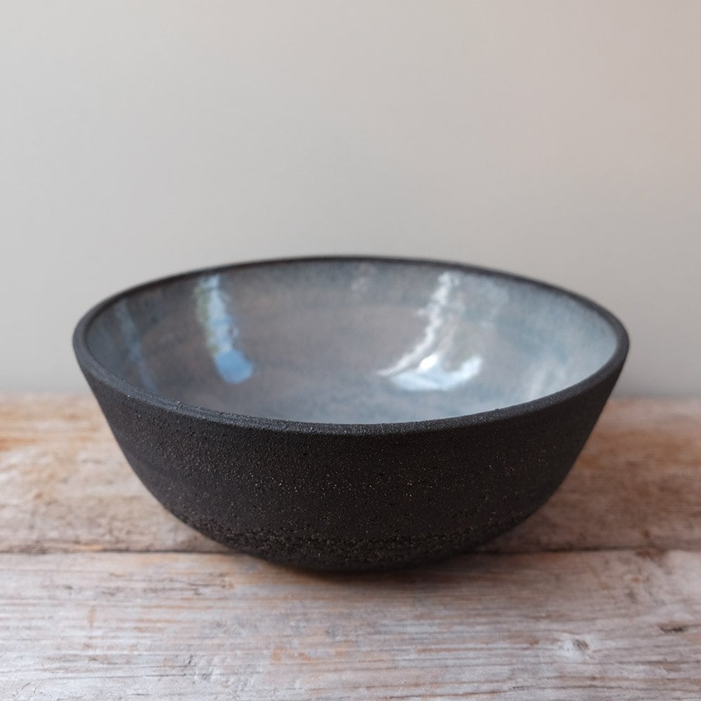 Large Black Ceramic Bowl with Tonal Blue Glaze