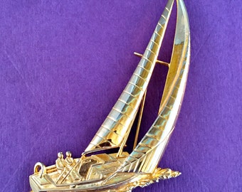 Large Vintage Jonette Jewelry Gold Tone Sail Boat Brooch Pin Nautical Sailing Ocean Beach Sailboat Regatta