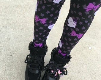Kawaii Ghost Leggings Tights, Bat Tights, Pastel Goth Tights, Lavender Eyeball Tights