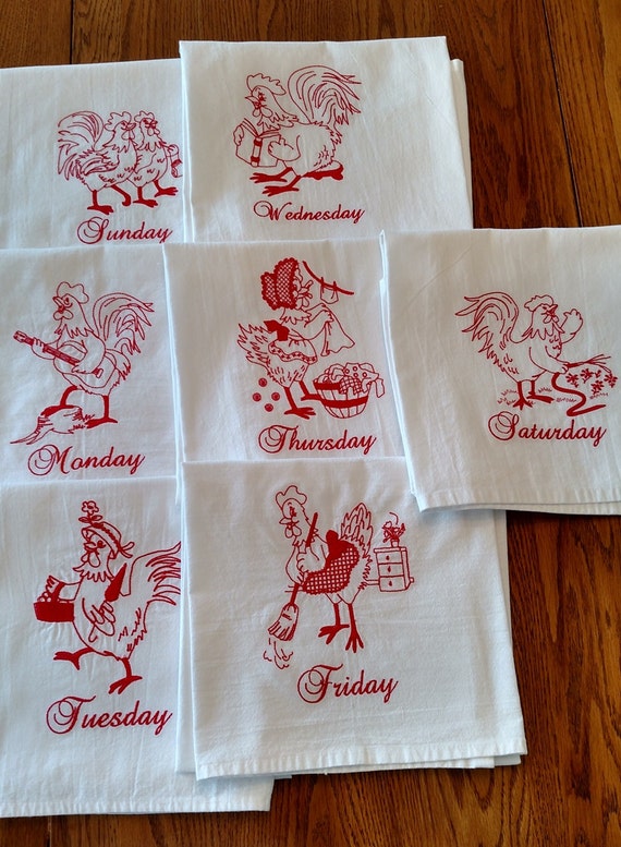 Days of the Week dish towels redwork roosters flour by jessiemae