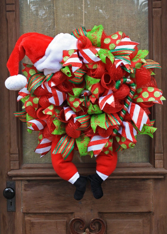 Christmas Deco Mesh Wreath With Santa Legs and Hat Candy