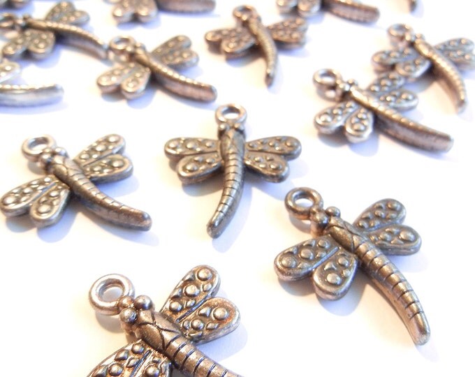 20 or 10 Pairs of Dark Silver-tone Dragonfly Charms Metallic Plastic