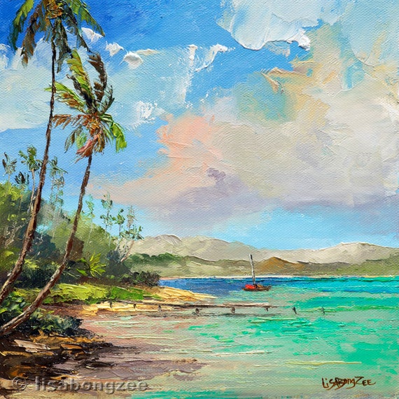 WAIMANALO BEACH Framed Original Oil Painting Art Shore Oahu