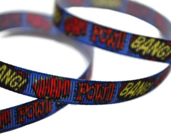 Super hero Ribbon, Comic Book Ribbon, Comic Book Captions, Dog Collar Supplies, Geek Ribbon, Cartoon Ribbon, Super hero Party