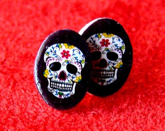 Dia de los Mos Muertos Stud Earrings - Seriously Small Sugar Skull Studs on Jet Black