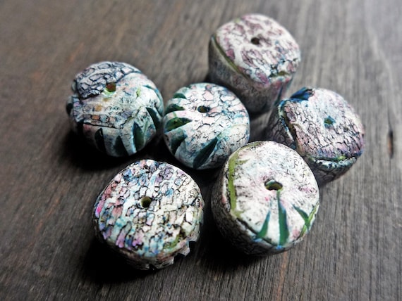 Broken Rainbows- rustic crackle polymer clay art bead set (6)- handmade artisan beads- dusty blues