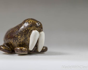 Pottery Walrus - Miniature Ceramic Porcelain Clay Animal Sculpture Decorative Home Decor Ornament - Terrarium Figurine - Hand Sculpted