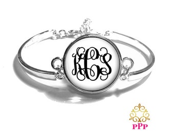 White Monogram Bracelet, Monogram Bangle, Monogram Jewelry, Bridesmaid Gift, Personalized Bracelet - Style 313
