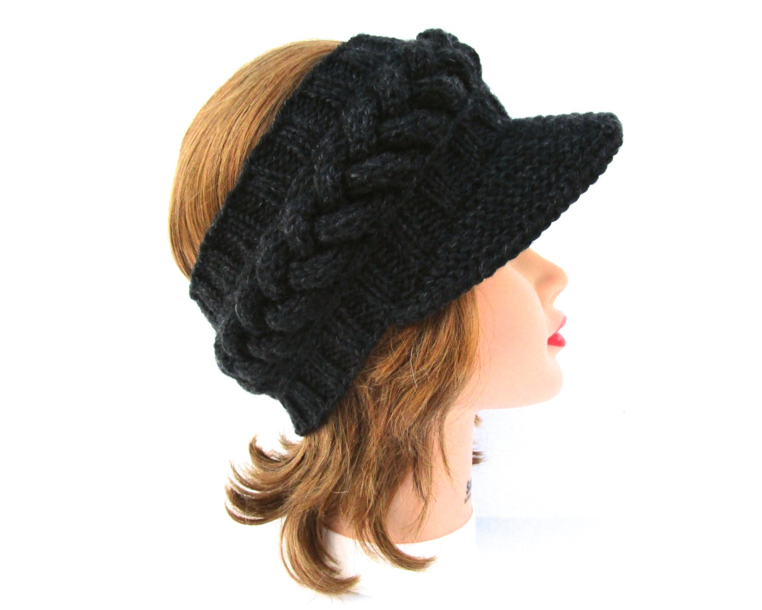 Cable Knit Sun Visor Black Headband With Brim Brimmed