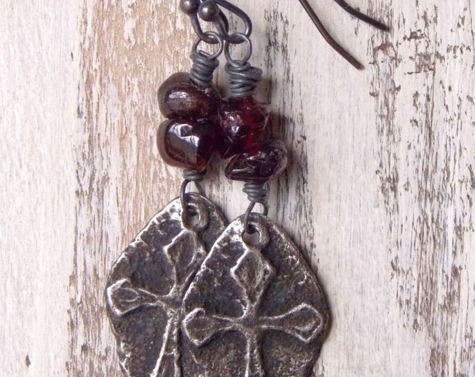 Rustic Cross Earrings Garnet Gemstone Artisan Pewter Cross Dangle Earrings Sterling Silver Spiritual Earrings Religious Birthstone Jewelry