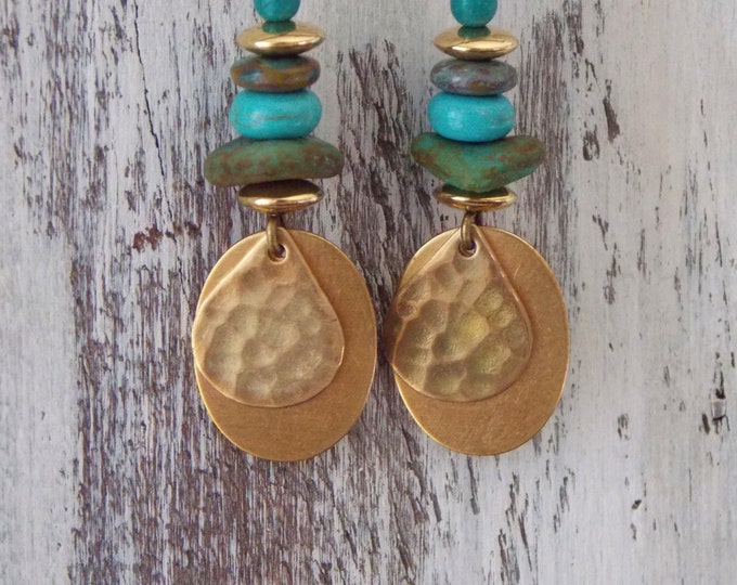 Czech Glass Earrings Brass Dangle Boho Bohemian Drop Earrings Copper Drop Green Turquoise Rustic Woodland Gold Brass Earrings