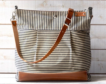 Best seller Diaper bag / Messenger bag Waxed canvas bag Stockholm Gray geometric nautical striped Leather - new year gift