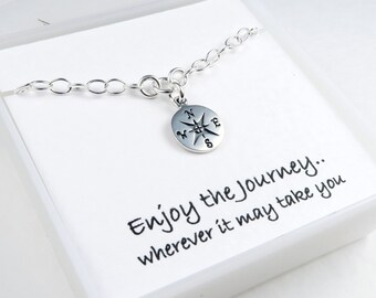 Silver Compass Bracelet, Graduation gift, Message Card, Sterling Silver, Travel jewelry, Good Luck