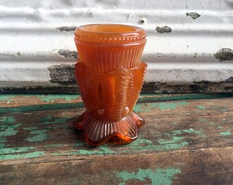 Joe St Clair Toothpick/Match Holder Amber/Caramel Slag Cactus print