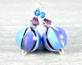 Purple Light Blue & Black Murano Glass Earrings, Striped Earrings, Round Ball Drop Earrings, Pastel Earrings, Venetian Murano Earrings