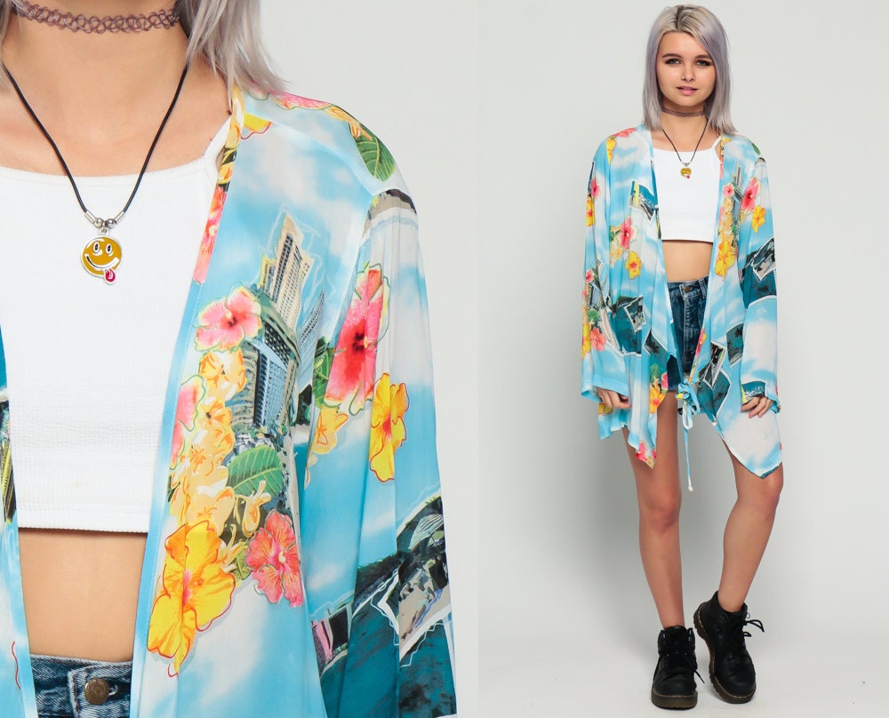 Kimono Beach Cover Up Sheer Jacket 90s SURFER Hippie Swim