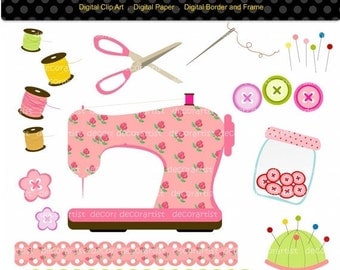 ON SALE Sewing clipart, sewing machine craft digital clipart for scrapbooking, button, INSTANT Download