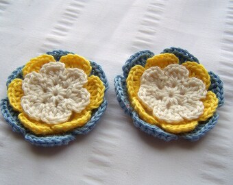 Flower crochet motif 2.5 inch cotton yellow blue