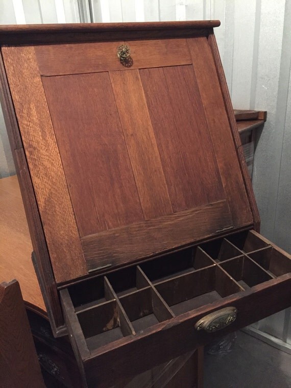 Antique counter display case oak 1 drawer slant front