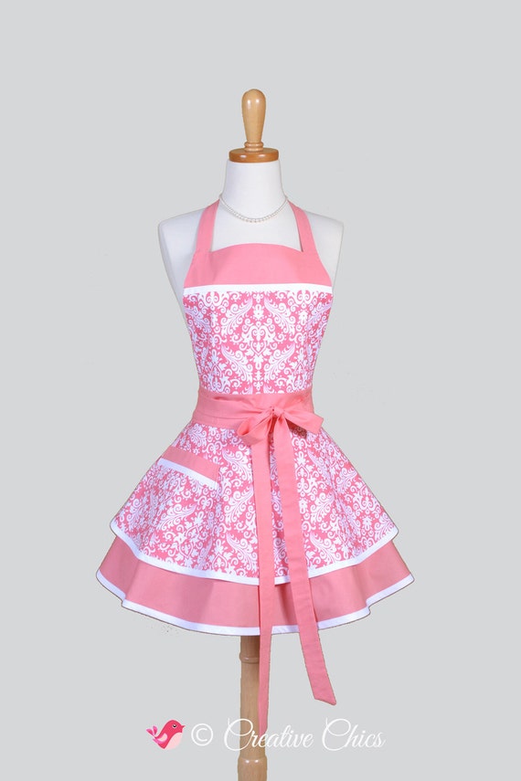 Ruffled Retro Apron Coral and White Damask Apron by CreativeChics