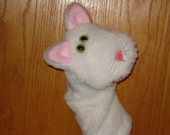 White Cat Kitten Feline Hand Puppet moveable mouth faux fur fabric