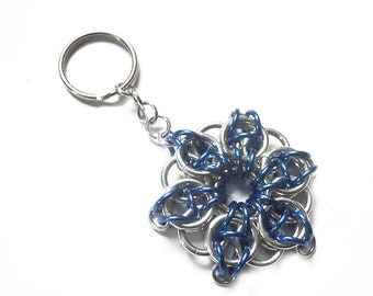 Chainmaille key chain, Large blue and silver star, Celtic Visions star