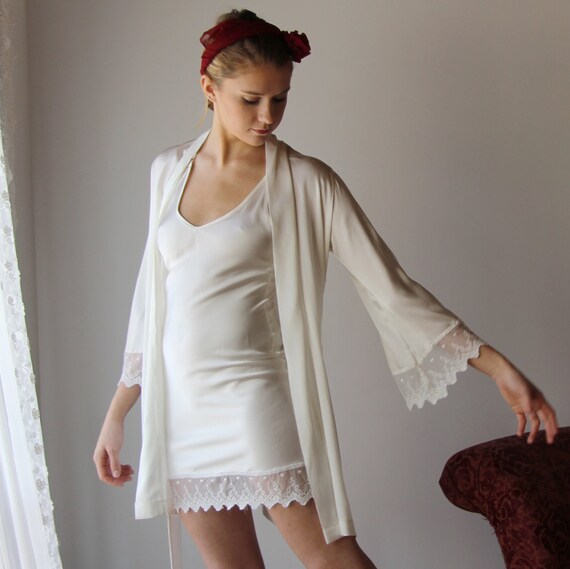 bridal silk robe with embroidered lace trim sleeves ALICE
