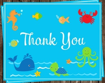 Under the Sea, Thank You Cards, Baby Shower, Birthday, Bright, Blue, Turtle, Whale, Crab, Fish, Fish, 24 Folding Notes, SEABB, Sea Buddies