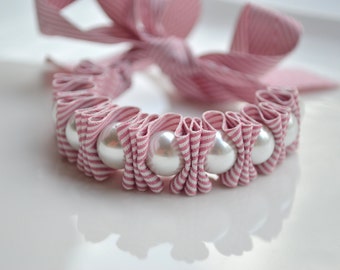 Chevron. Pearl Bracelet. Twillypop Charlie Ribbon Bracelet.Pearl Jewelry for Women. Womens Bracelets. Mauve. Gift Under 25