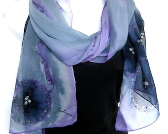 Silk Scarf, Hand Painted Silk Scarf, Gray Lavender Purple Black, Abstract, Silk Chiffon Scarf, Gift for Her