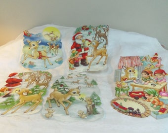 Vintage Christmas Decorations Die Cut Paper Pictures Santa Elves Reindeer 1940s