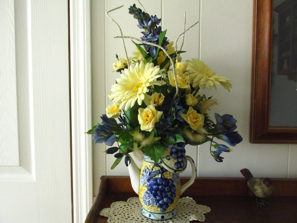 Floral Arrangement / Yellow And Blue Tall Floral / Silk Floral