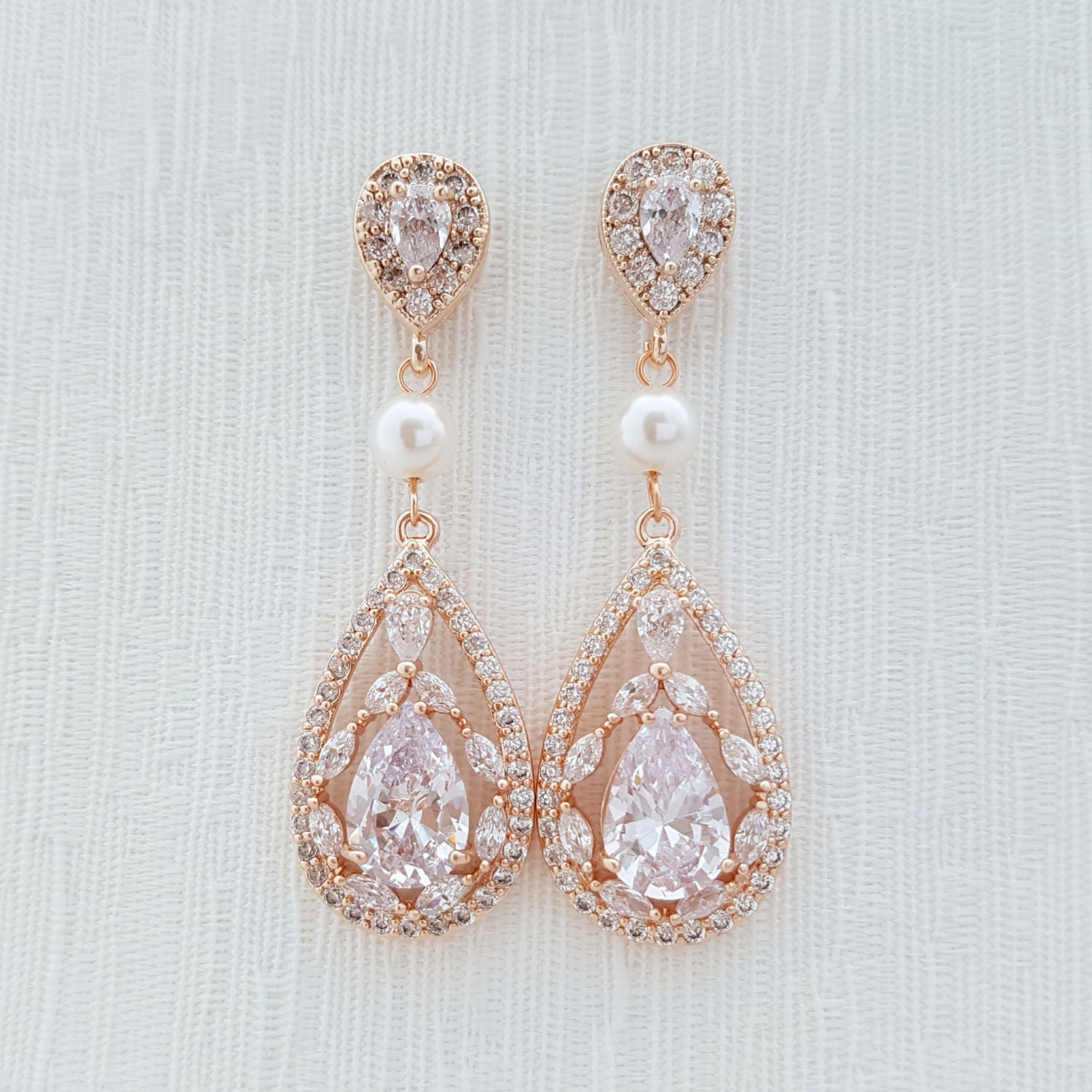 Rose Gold Bridal Earrings Wedding Jewelry Cubic by poetryjewelry