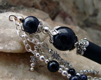 Starry Night Hair Stick Blue Goldstone and Silver Star Hairstick Japanese Hair Stick Geisha Style Dangle Kanzashi Hair Pins Accessory Natesa