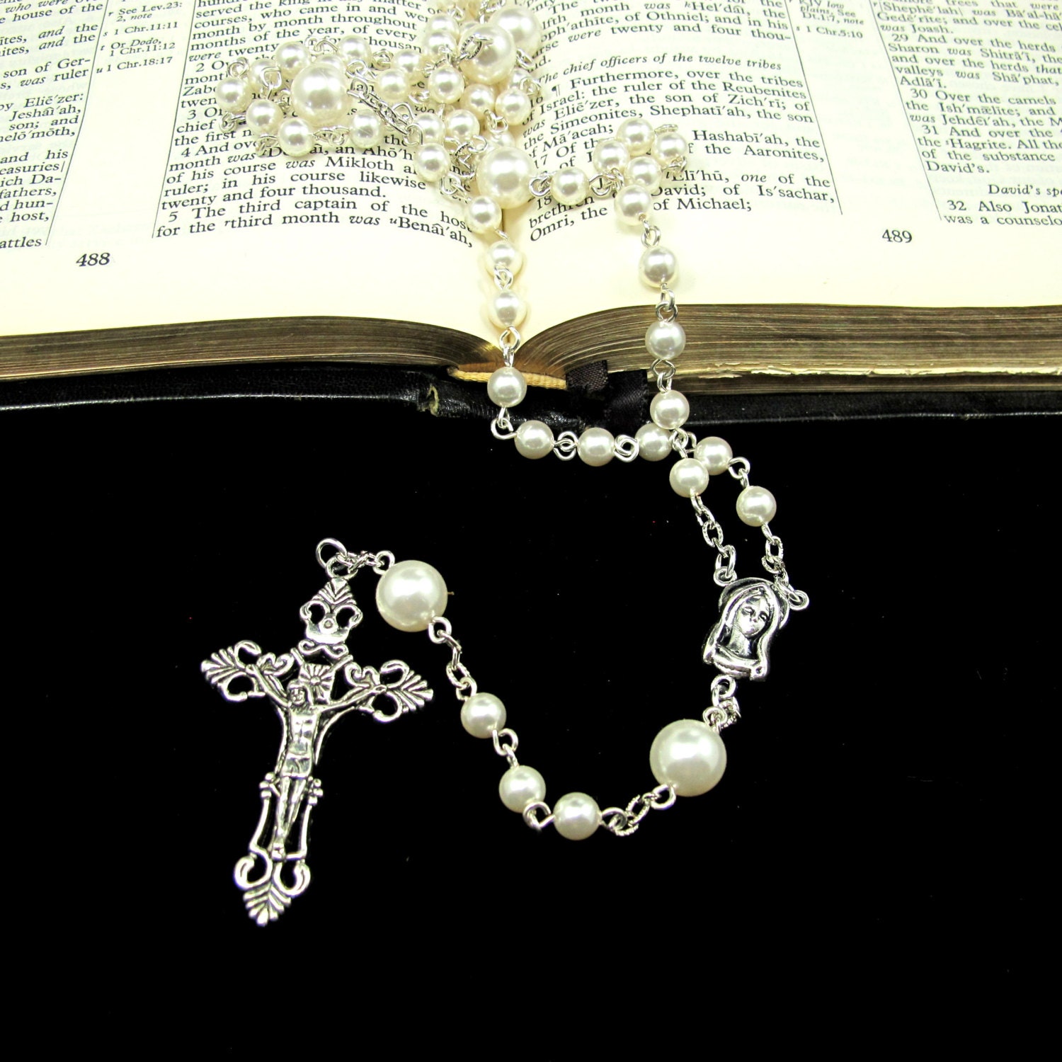 40 OFFHandcrafted Catholic Rosary Necklace with White Pearls