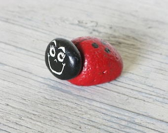 Painted Rock LadyBug, Hand Painted, Vintage Lady Bug, Insect Art, Handmade Love Bug, Six Spots, Red and Black, Smiley Face Lady Bug