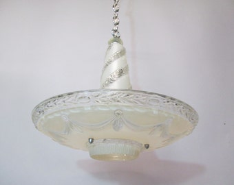 Vintage 1920's 30's Art Deco Chandelier Ceiling Light Fixture Ornate Frosted and Swirled Glass Shade